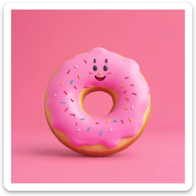 Create an emoji of this donut character with a happy expression, 3D cartoon style, pink background. sticker