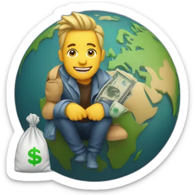 man sitting on globe with money bag sticker