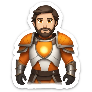 Confident White Man with dark brown hair and a short beard wearing large orange plate armor and glowing orange eyes that have orange smoke coming out of his eyes sticker