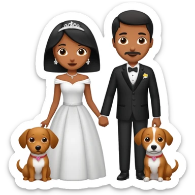 Pareja de novios, pelo negro ambos, y con dos perritos pincher en brazos sticker