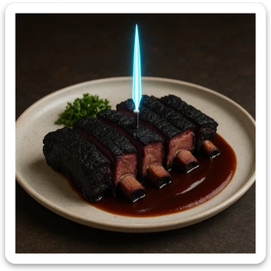 a delicious plate of smoked ribs, the color of the meat is succulent dark blackish purple, the 5 Michelin star dish is plated with a tiny energy sword piercing the center sticker