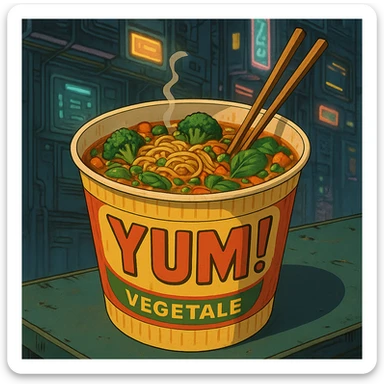 cyberpunk futuristic, scifi, a bowl of delicious veggie , ramen, 1990s, paper cup, classic style branding, with chopsticks, empty background, brand name: YUM! sticker