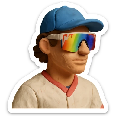 claymation style baseball player with brown hair, no beard, baseball cap, and Pit Viper sunglasses sticker