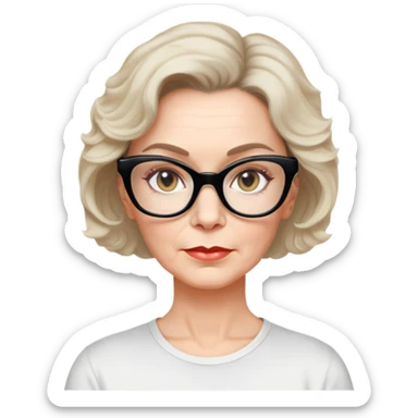 white woman about 50 years old with light warm skin, wavy black neck-length 80s short hair, neutral determined expression, large black shiny butterfly or cat-eye glasses, white casual t-shirt sticker