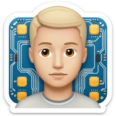 a man with a small AI chip next to him sticker