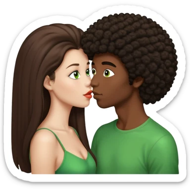 girl with long brown straight hair and green eyes kissing dark boy with afro and big nose sticker