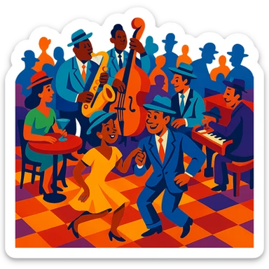 1940s jazz nightclub scene, vibrant toon style, energetic colors, no text sticker