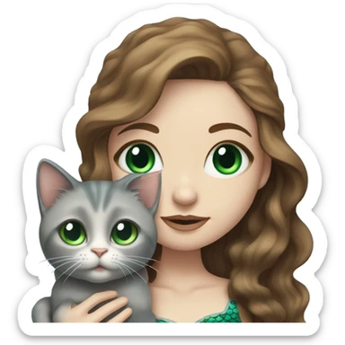 Mermaid with pale skin, wavy brown hair, and bright blue eyes holding a small gray cat with big green eyes, detailed  sticker