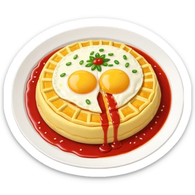 Tasty omurice dish on a big plate garnished with a wobbly line of ketchup on top sticker