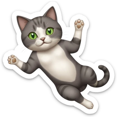 dark grey cat with green eyes, white toes/paws and white patch on her chest playfully rolling upside down sticker