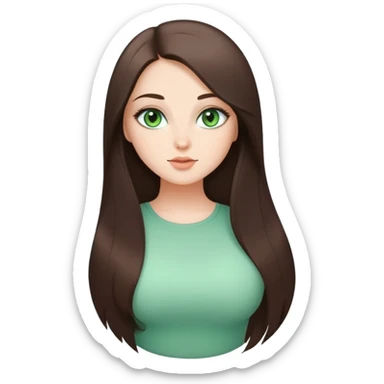 Curvy but beautiful brunette girl, very light green eyes, pin straight super long hair, modern style sticker