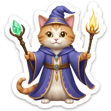 A cat wizard casting a spell with magical staff and flowing robes sticker