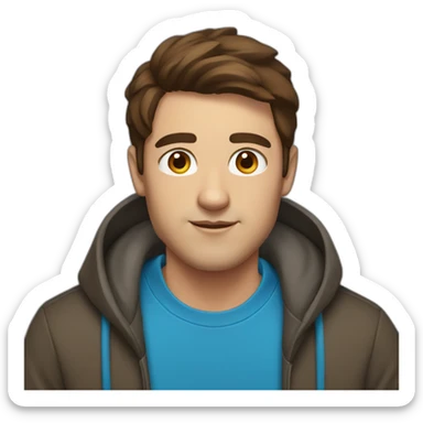 guy with short brown hair, big brown eyes and eyebrows and blu hoodie portrait sticker