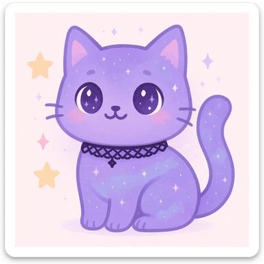 whimsical purple cat with galaxy pattern, gothic lace choker, mystical aura, cute expression sticker