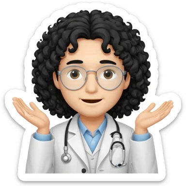 a young male doctor with black long curly hair cover his eyes a little bit and cheerful face sticker