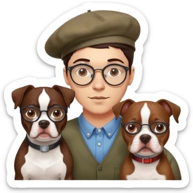 brunette hipster man w wire glasses and (brunette girl with bob and beret) and a brown pitbull boston terrier  sticker