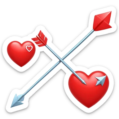 Apple-style 3D illustration of a glossy red heart pierced by a horizontal double-ended arrow. One end of the arrow has a small female symbol, the other end has a small male symbol. The heart is centered, shiny, with soft shadows, floating on a clean white background, minimal and emotional design sticker
