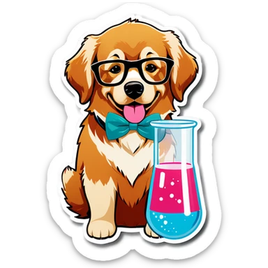 golden retriever that is a nerd with a pink bow and glasses and a scientific beaker sticker