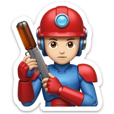 mega man but with the color rootbeer brown shiny like metal with arms for guns and a dark shiney red healmet sticker
