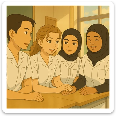 Personnaliser les quatre étudiants infirmiers en interaction, style Ghibli, en utilisant les visages des quatre photos fournies, tenues blanches à manches courtes, tuniques médicales col en V, poche poitrine à gauche, pas de pied de col, pas de stéthoscopes, avant-bras nus, cheveux longs attachés pour celles qui en ont. Décor lumineux, ambiance collaborative. sticker