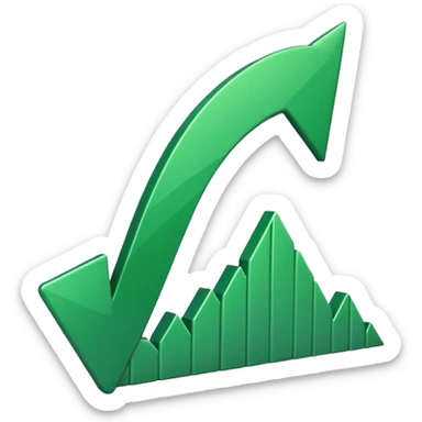 iOS-style 3D emoji: a glossy green arrow curving upward, attached to a jagged rising line chart, with smooth gradients and soft shadow sticker