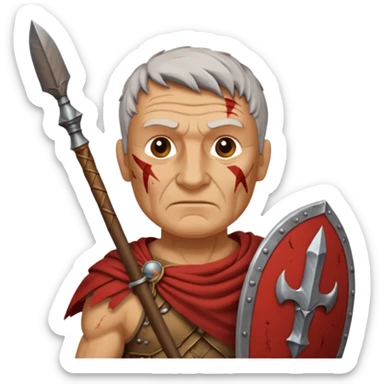 A seasoned Roman veteran with scarred armor, serious expression, gripping his spear.
 sticker