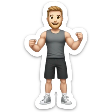 Full height Actively gesturing with hands Pale skinned Fit Man With the biceps and brown hair in dark gray Sleeveless Mike, black oversize sports shorts, watch and white Sneakers sticker