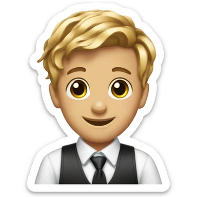 smiling boy in formal attire in a barber shop holding scissors and blades  sticker