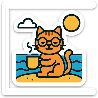 a cat wearing glasses and drinking coffee sitting at the beach sticker