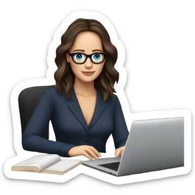 Realistic Photo of Brunette Jennifer Lawrence wearing black glasses and blue eyes  on a laptop  sticker