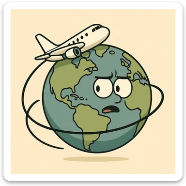 a globe with an airplane circling it in a cartoon style sticker