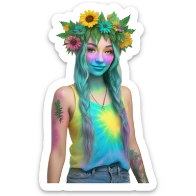 420 Tie dye hippie person flower crown tattoos hemp leaves metallic iridescent holographic blue cyan green pink yellow hazard stripes dark colours sticker