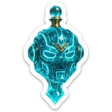 premium class crystal elixir bottle in the shape of a robot head, cyan color, lots of glowing, edges, ornaments, golden details, magical effects, very small golden neck, transparent background, beautiful merging bottom, clearly floating in the air, no base or shadow, very luxurious, futuristic, matching the collection sticker