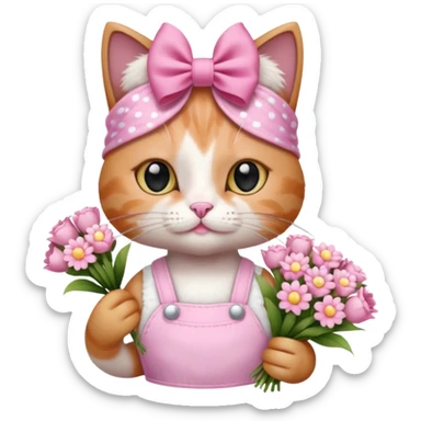 گربه‌ای که دستش یه دسته گل صورتی سفید باشه رو سرش پاپیون باشه و لباس صورتی سفید تنش باشه حالت بیلر داشته باشه و یه کادر کوچیک که نشونه فکر بالا سرش باشه sticker