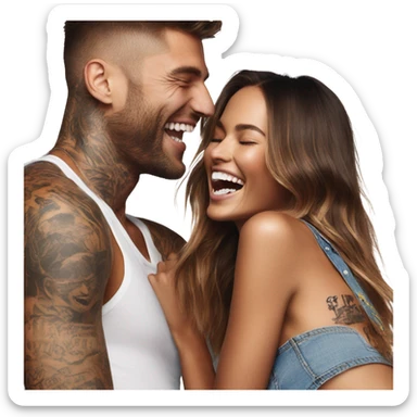 Photo of Victoria secret model laughing with a tattooed male model  sticker