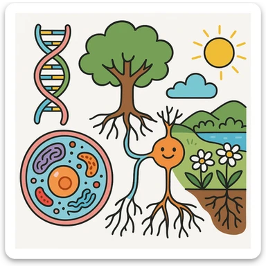 A realistic biological illustration (like in a school book) showing: DNA strands transitioning into a tree, cells with visible organelles, neurons connected to plant roots  and a balanced ecosystem background . Seamless integration, no labels or borders, complete white background (not off white!), detailed but minimalist.  sticker