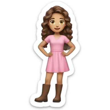 Alicia is a female, Brunette long hair, brown eyes, light skin color, wearing pink short sleeved dress, brown boots sticker