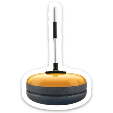 An icon featuring a curling stone in the foreground on an ice sheet with marked target circles. A curling broom rests nearby. In the background, a grand indoor stadium with bright lights and cheering fans. The ice reflects the vibrant colors of the surroundings. Transparent background. sticker