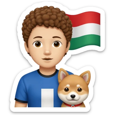 Italy flag shirt boy with chin hairs brown curly hair next to Shiba Inu sticker