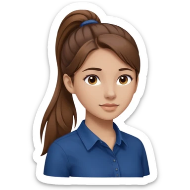 pretty girl brown long hair makeup ponytail  on left shoulder, dark blue shirt sticker