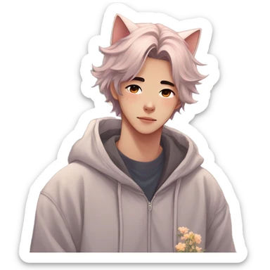 Gorgeous romantic anime style Asian shojo guy with cat ears and flowers and blushing face and hoodie aesthetic trending style outside sticker