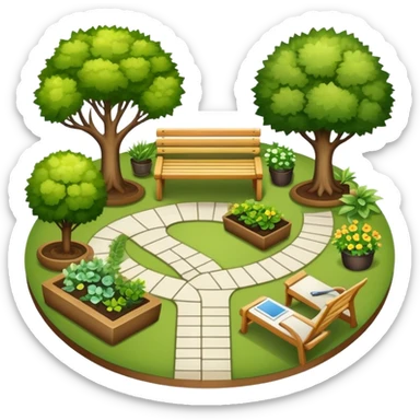Icon for Landscape Design: a garden layout with trees, plants, pathways, and outdoor furniture, along with design tools like a ruler and sketchpad. The icon should represent the creativity and planning behind landscape design. Transparent background. sticker