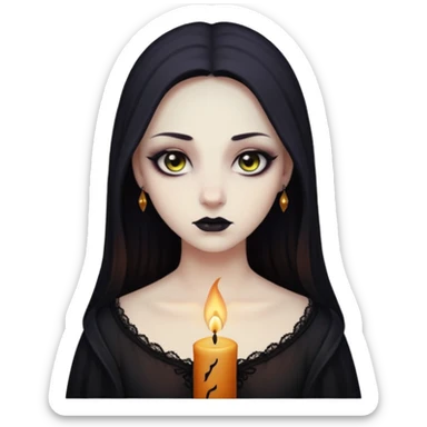 Pale woman with kohl-lined eyes staring through candle smoke, predatory calm, gothic fantasy mood sticker