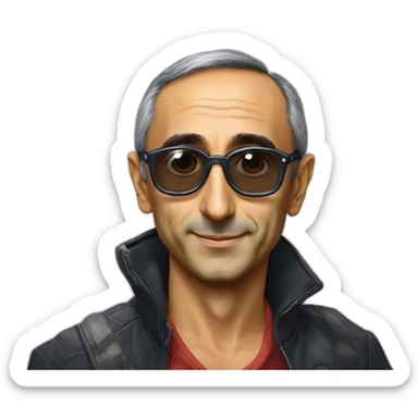 Eric Zemmour avec des lunettes de soleil sur une tortue géante et un Pikachu sticker