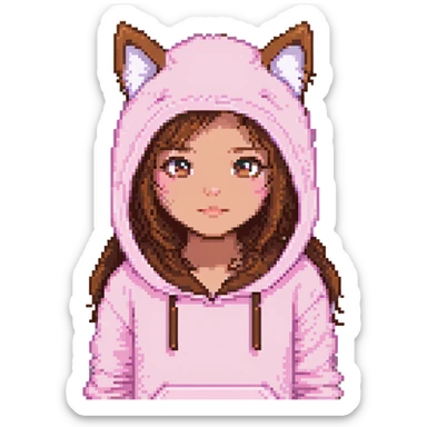 Minecraft pixel art face of Lily, with pink cat onesie hood, big brown eyes, long brown hair, matching the reference sticker