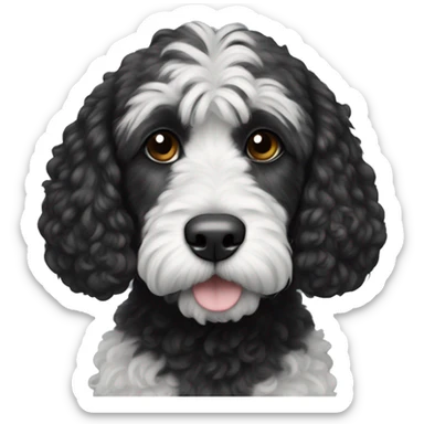 Black cockapoo dog with a white big stripe from the chin to the belly. The moustache is also black sticker