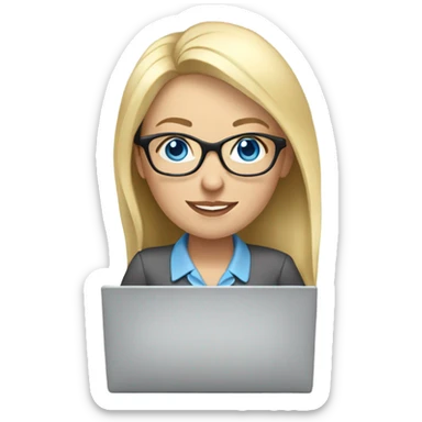 blonde pale white woman with blue eyes and glasses working on laptop sticker