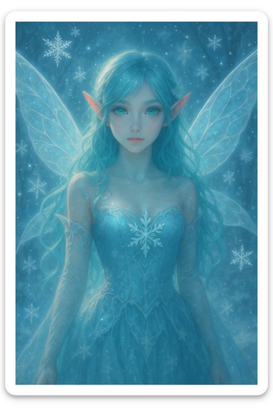 ice fairy with aqua-colored eyes and hair, surrounded by snowflakes, glowing, enchanting, fantasy style sticker