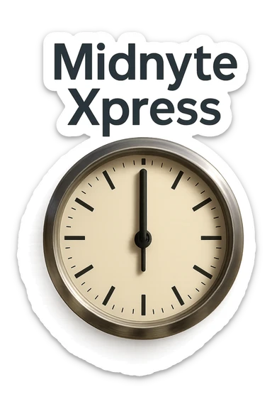 Make this clock at midnight with 'Midnyte Xpress' above look more realistic, featuring a metallic clock frame, glass face, and realistic shadows. Keep the text above in a clean font. No background, transparent background. sticker