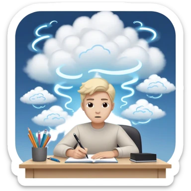 A person sits at a desk by swirling stress clouds. In front of them, a glowing version of their "future self" reaches out, handing them a pen. As they take the pen, the stress clouds begin to dissolve, symbolizing how action breaks procrastination  sticker